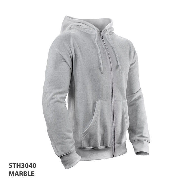 A light grey zip-up hoodie with a front pocket and hood, featuring a logo on the side.