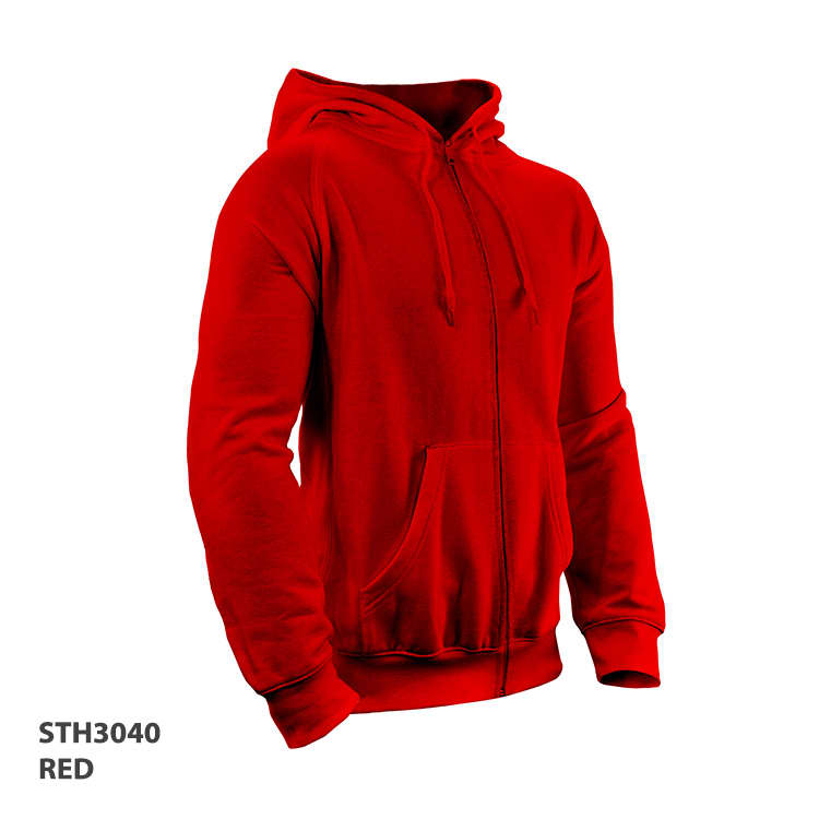 A red hoodie with a front zipper, hood, and pockets. It has a logo on the chest area.