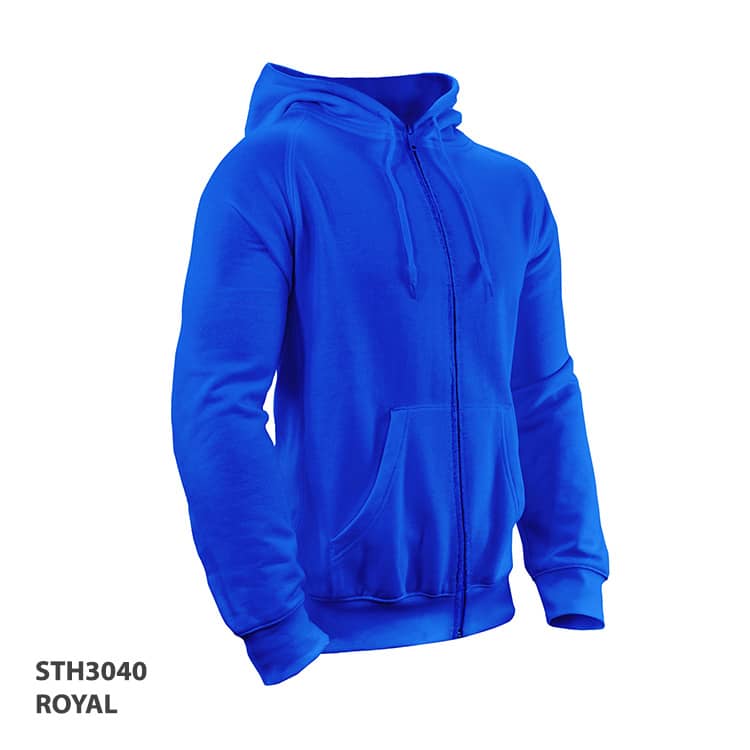 A royal blue hoodie with a front zipper, drawstrings, and a front pocket. It features a logo on the hoodie.