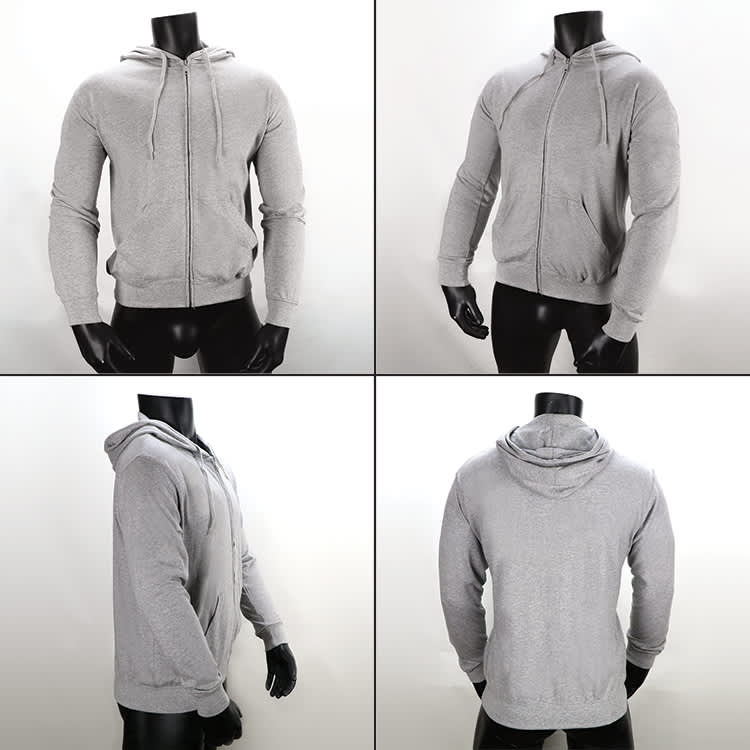 A grey hoodie displayed from multiple angles, featuring long sleeves, a front zip, and a hood. It has a logo.