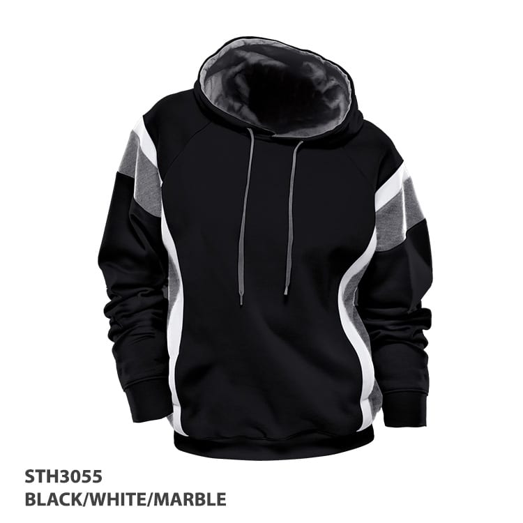 A black, white, and marble hoodie with a large hood and a logo. Features contrasting panels and a comfortable fit.