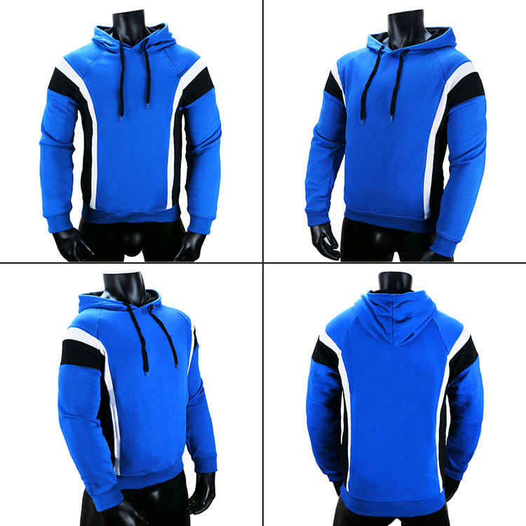 A blue hoodie featuring black and white accents, showcasing front, back, and side views. It has a hood and a logo.