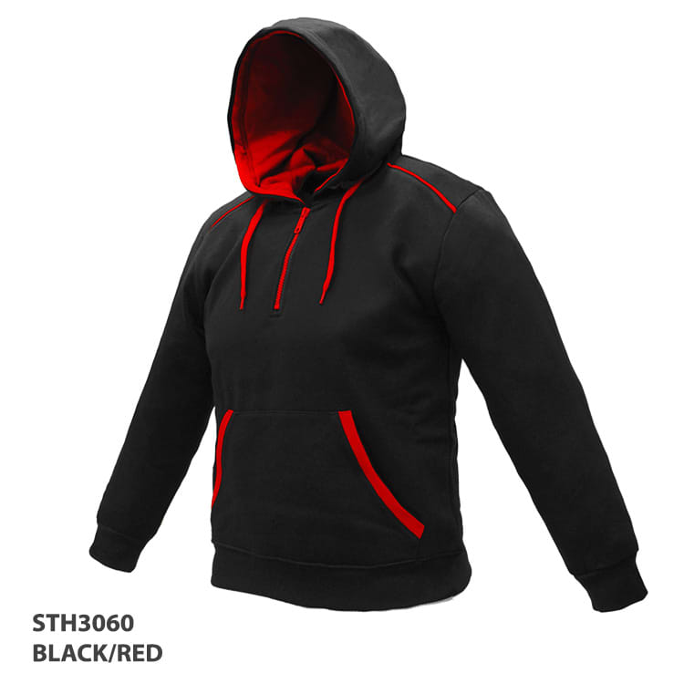 A black hoodie with red accents, featuring a front pocket and a hood, along with a logo on the chest.