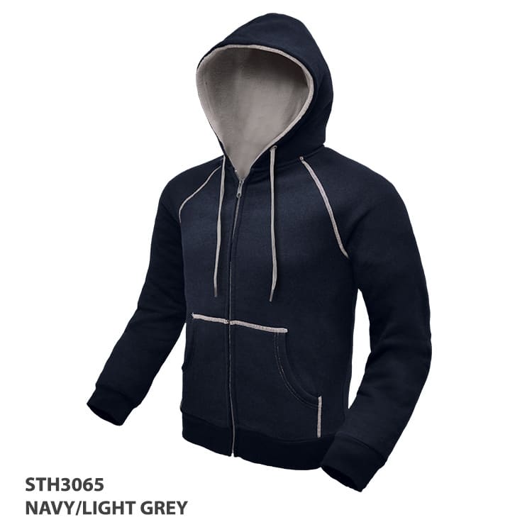 A navy and light grey zip-up hoodie with a hood and front pockets. Features contrasting stitching and a logo.