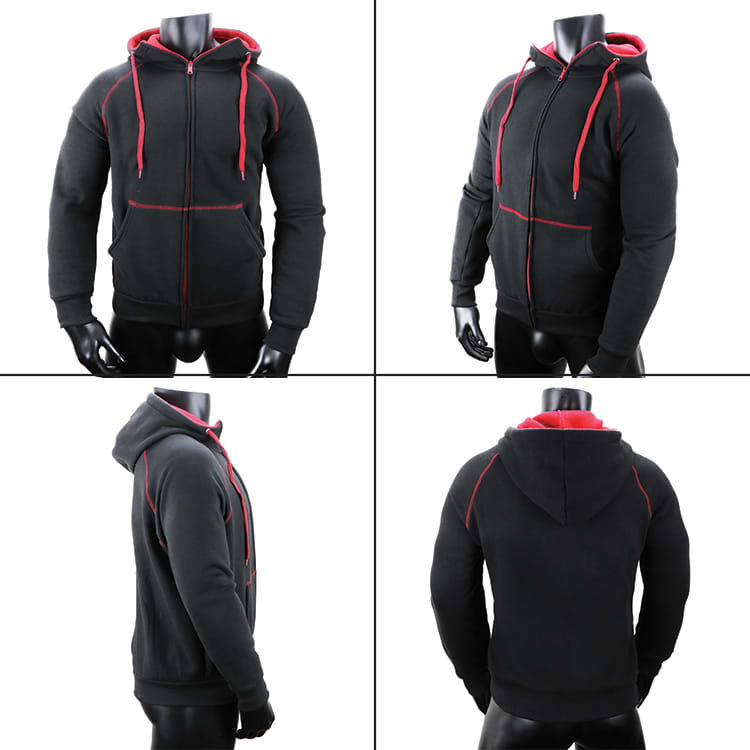 A black hoodie with red accents and a hood, displayed from multiple angles on a mannequin.