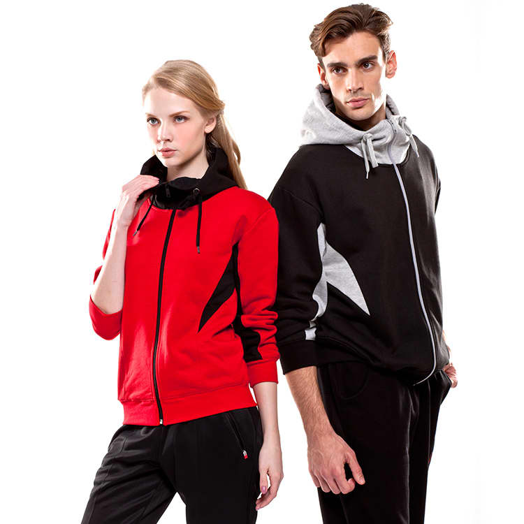 A red hoodie with black and grey accents and a black hoodie with grey accents, both featuring a logo.