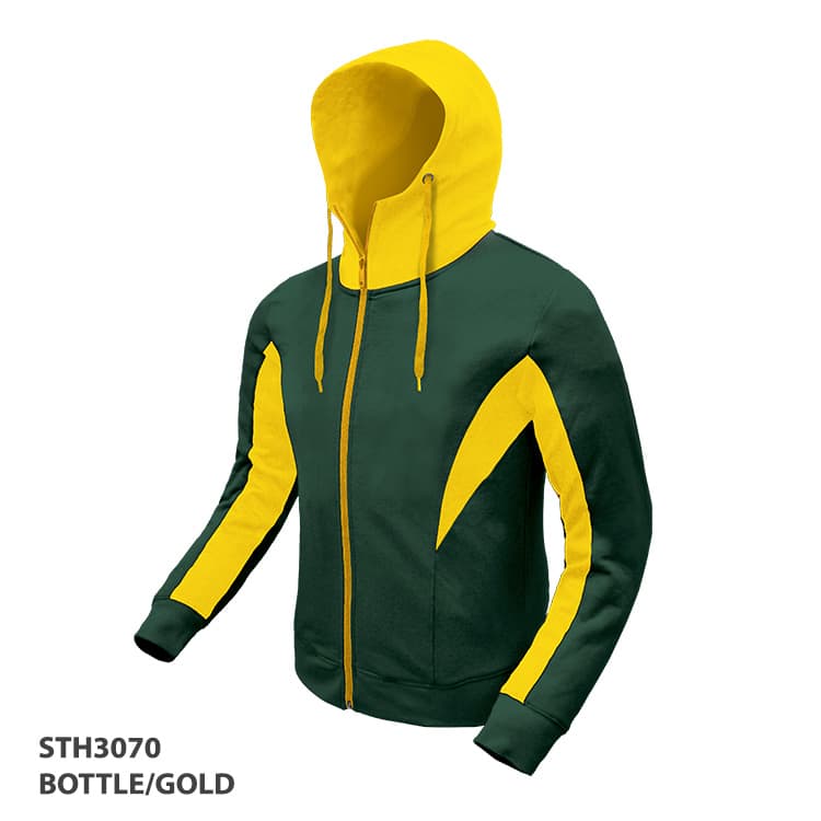 A green hoodie with yellow accents and a yellow hood, featuring a zip and a logo.
