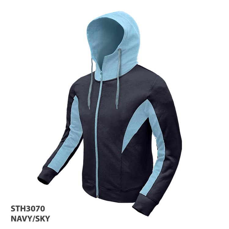 A navy hoodie with sky blue accents and a full zipper, featuring a hood and front pockets.