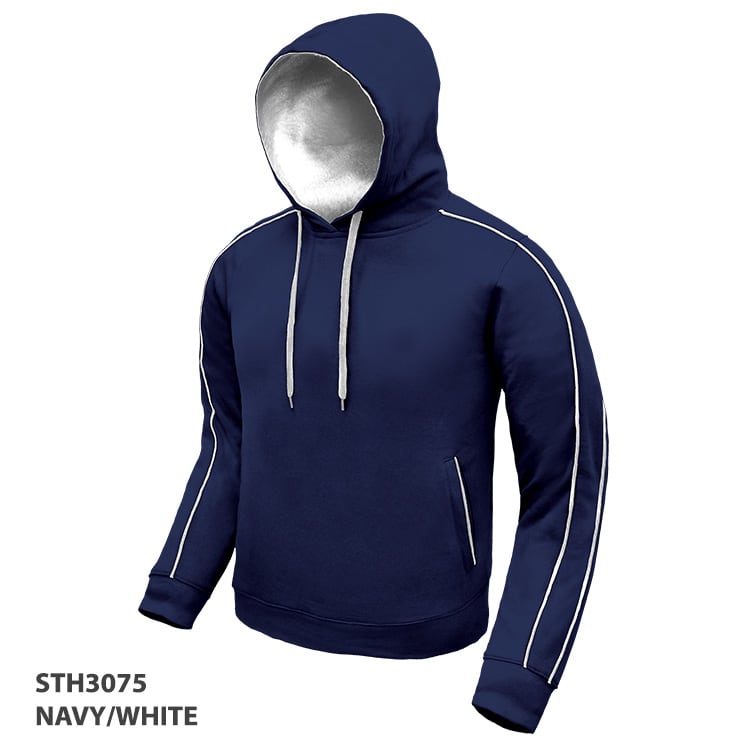 A navy and white hoodie featuring a hood, front pockets, and contrast piping details. Includes a logo.