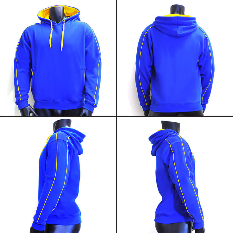 A blue hoodie with yellow accents and a hood, displayed from multiple angles on a mannequin.