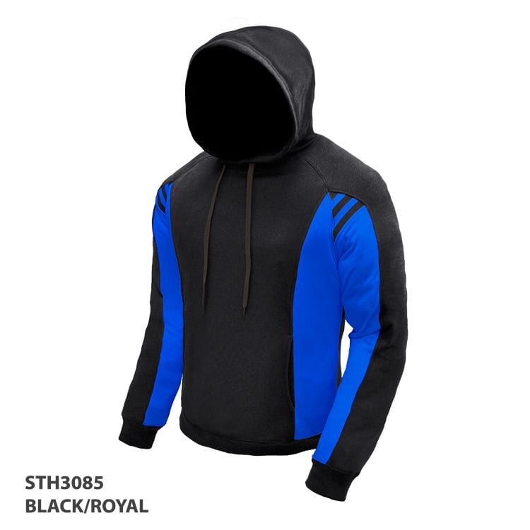 A black and royal blue hoodie with a logo, featuring a drawstring hood and sporty design elements.