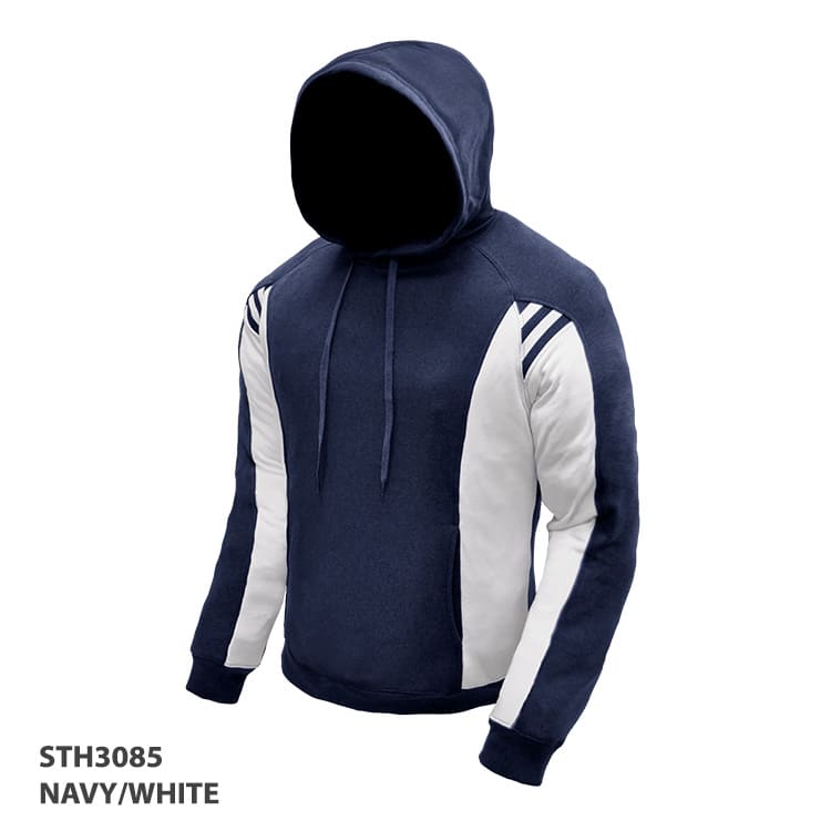 A navy and white hoodie featuring a front kangaroo pocket and a hood, with striped detailing on the sleeves.