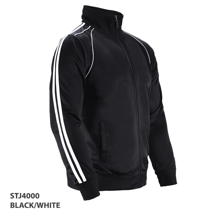 A black jacket with white stripes, featuring a zip front and high collar, includes branding on the side.