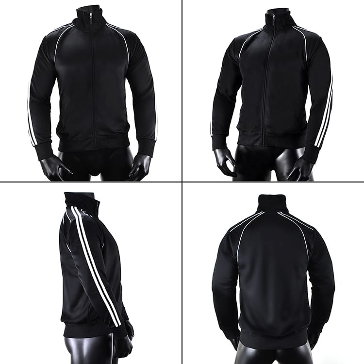 A black Velocity Jacket featuring white stripes, displayed from multiple angles, with a logo at one shoulder.