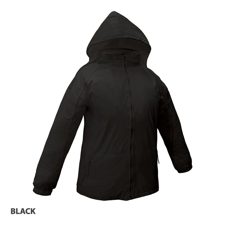 A black jacket with a hood and zip closure, featuring a logo on the front.