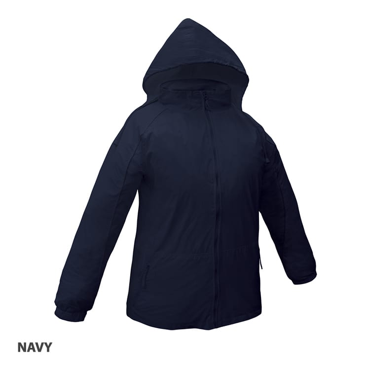 A navy jacket with a hood and zippered front, featuring a logo on the sleeve.