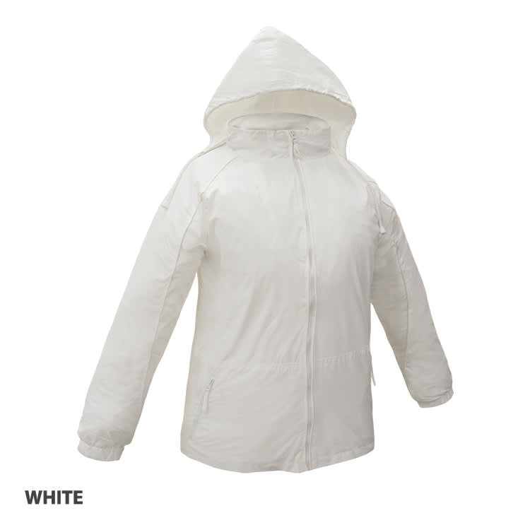 A white jacket with a hood, featuring a zip-up front and side pockets. The jacket has a logo on it.