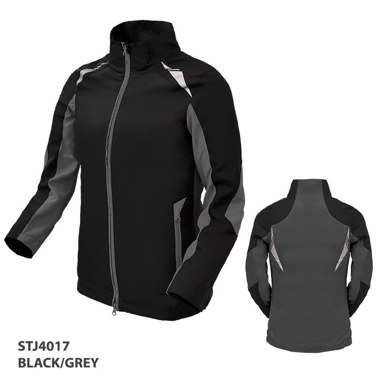 A black and grey Terrain Jacket featuring a zip front and side pockets, with a logo on the front.