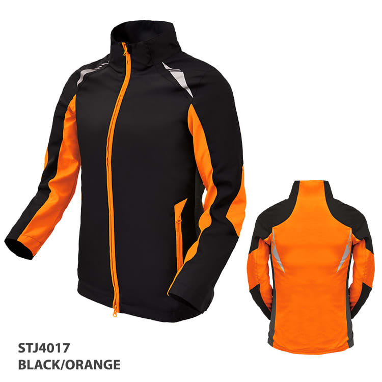 A black and orange jacket featuring a zip front, pockets and reflective detailing, with a logo on the sleeve.