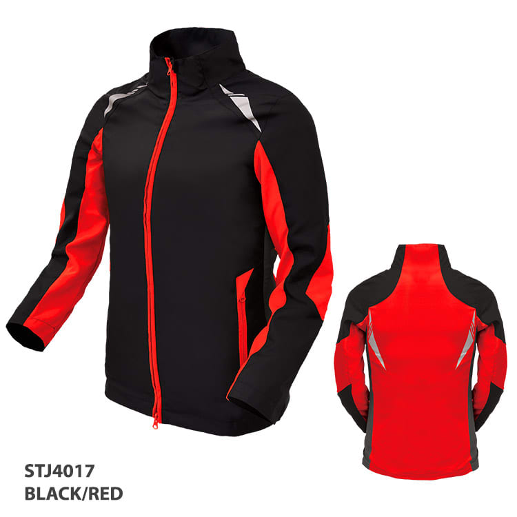 A jacket in black and red, featuring a zip front and reflective detailing, with a logo on the side.