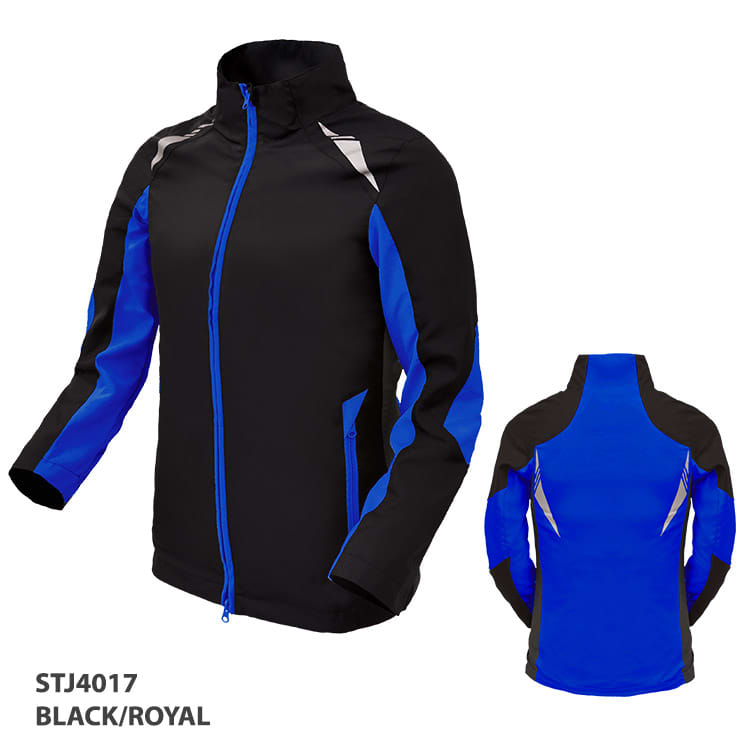 A black and royal blue jacket featuring a zip front and side pockets, with a logo on the fabric.