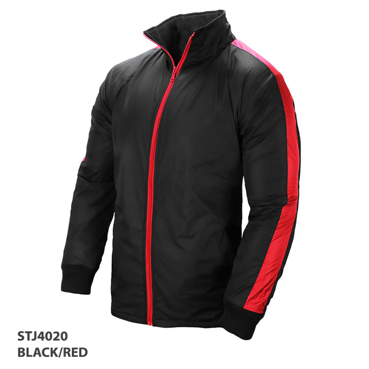 A black and red jacket with a high collar and a zip front, featuring contrasting sleeves and a logo.