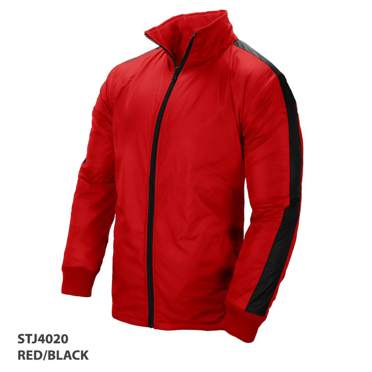 A red and black jacket features a zip-up front, high collar, and black side stripes. It has a logo on the sleeve.