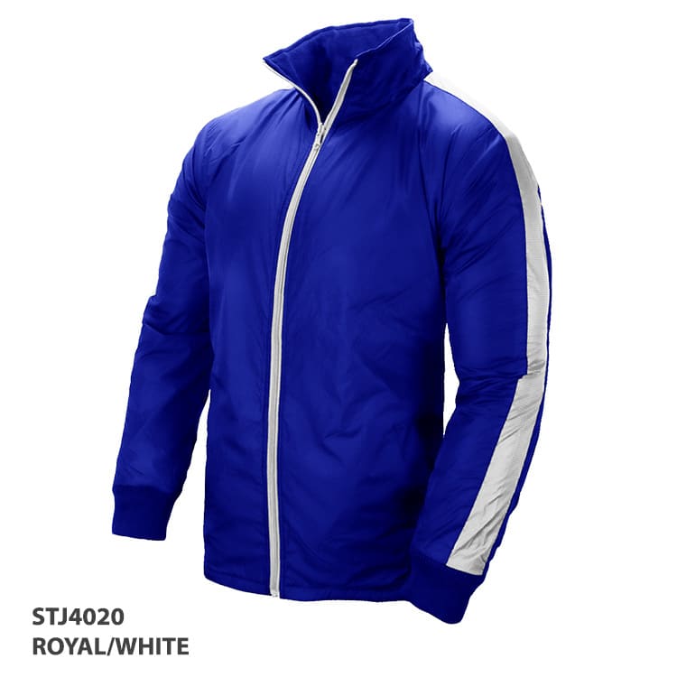 A royal blue jacket with white stripes, featuring a zip-up front and a high collar. The jacket has a logo.