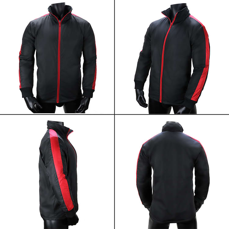 A black jacket with red accents displayed from multiple angles. The jacket has a logo on it.
