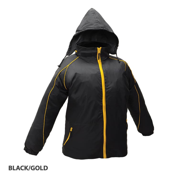 A black and gold jacket featuring a hood, front zipper, and multiple pockets, with contrasting yellow stitching.