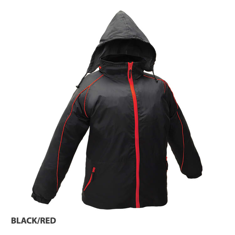 A black and red jacket with a hood, featuring two front pockets and contrasting red zippers.