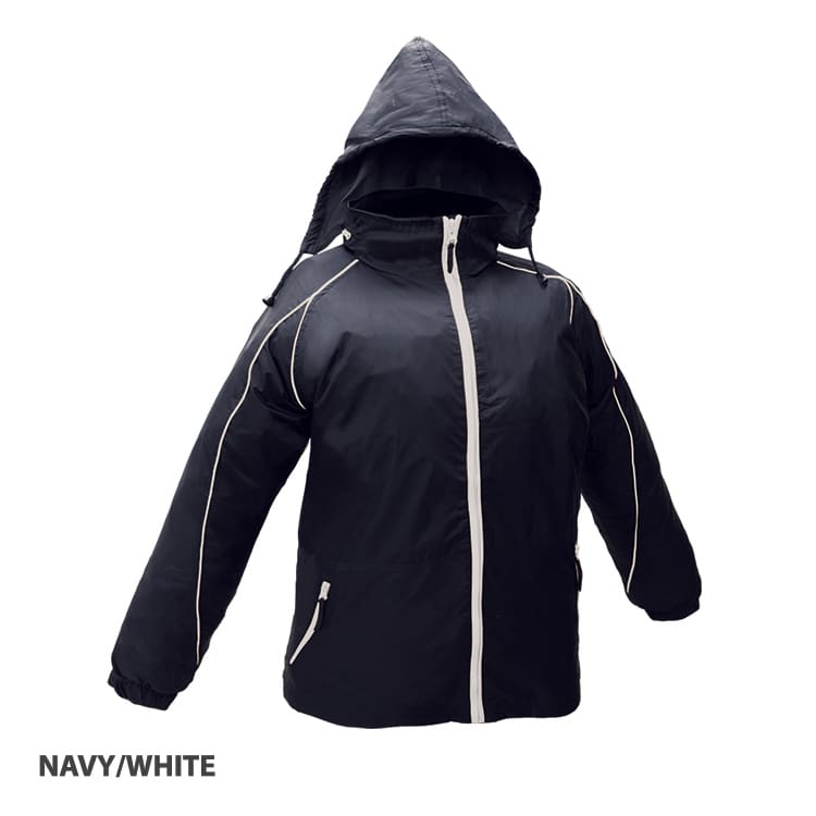 A navy and white jacket with a hood, featuring zip closure and pockets, displaying a logo.