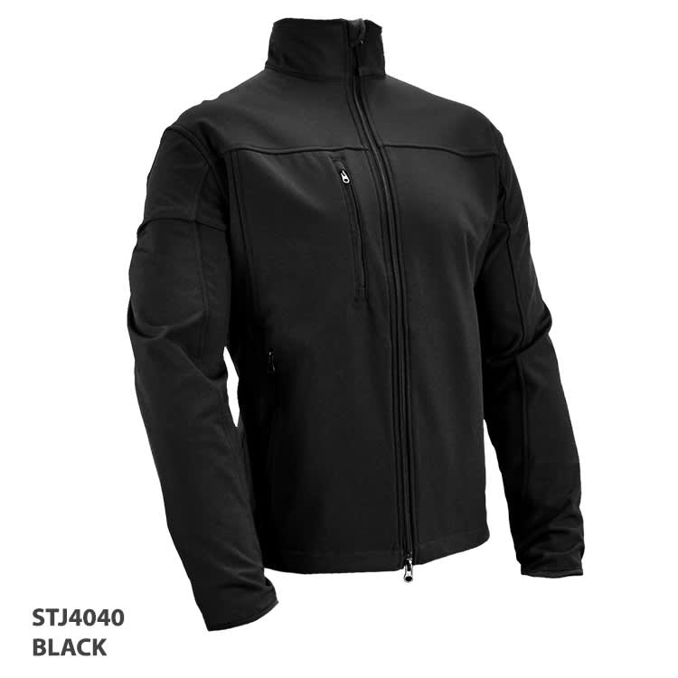A black soft shell jacket with a zippered front and pockets, featuring a logo on the chest.