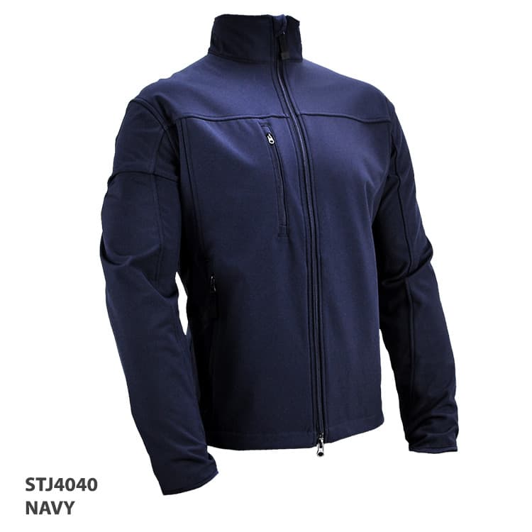 A navy soft shell jacket with zippered front and high collar, featuring a logo on the chest.