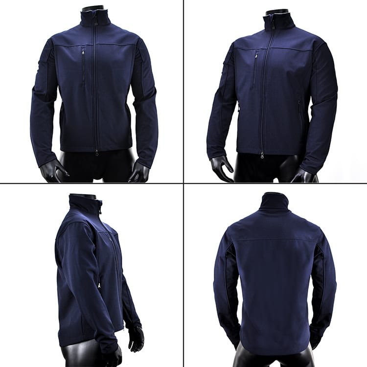 A dark navy soft shell jacket displayed from multiple angles, featuring a zip closure and a logo.