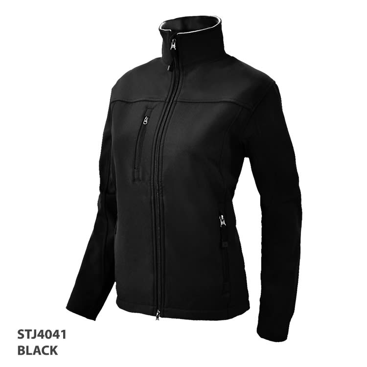 A black soft shell jacket with a zip front and zippered pockets, featuring a logo on the chest.