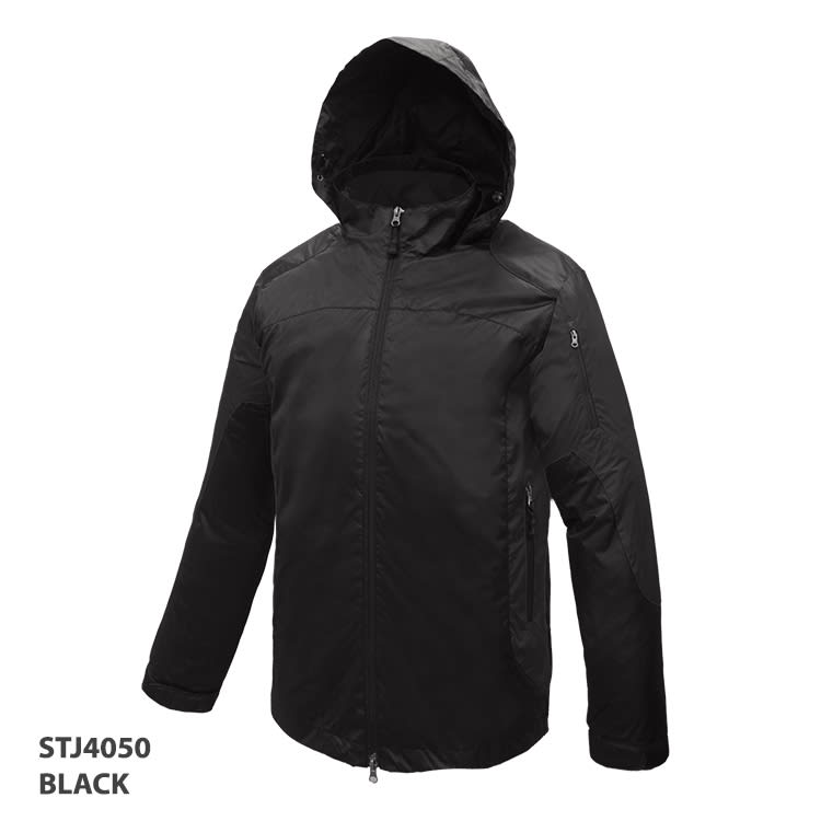 A black jacket with a hood, featuring a zip closure and a sleek design. It includes a logo on the jacket.