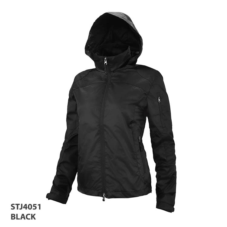 A black jacket with a hood and zippered front, featuring a logo and side pockets.