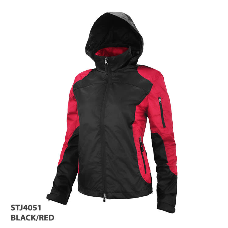 A black and red jacket featuring a hood and multiple pockets, with a logo on the design.