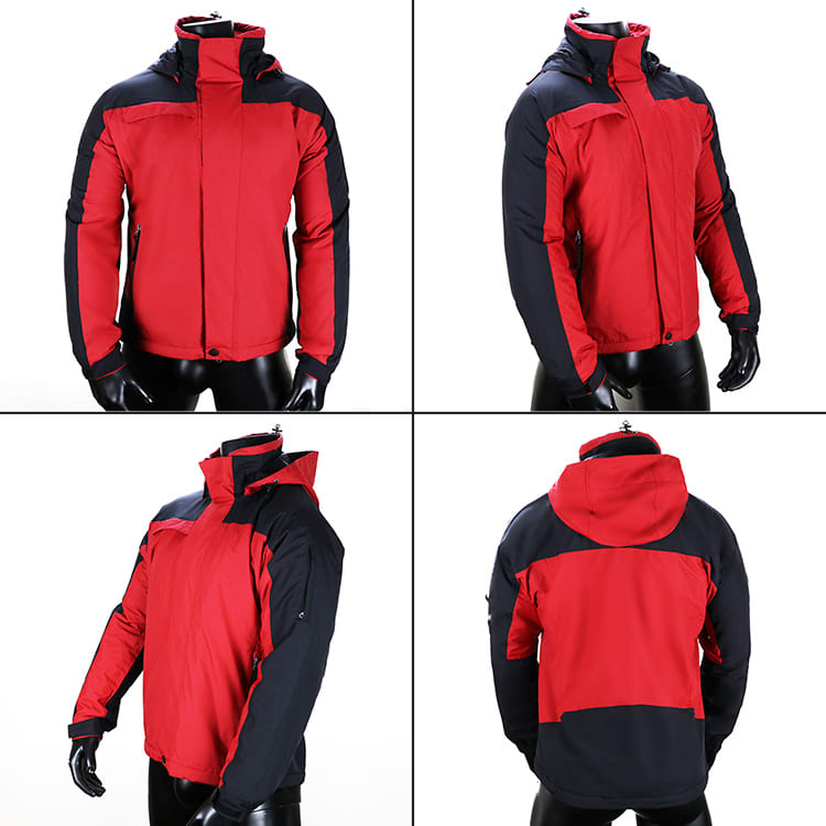 A red and black rain jacket displayed from multiple angles, featuring a hood and a logo.