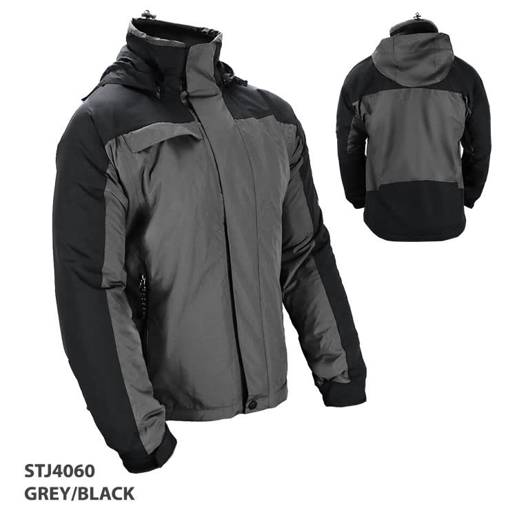 A grey and black rain jacket featuring a hood, side pockets, and branding details.
