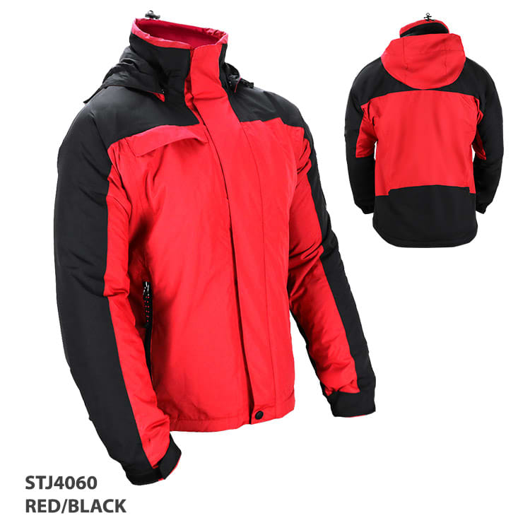 A red and black rain jacket with a hood and a logo on the chest, featuring front zip pockets.