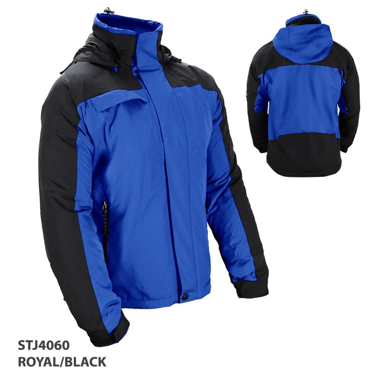 A blue and black rain jacket with a hood and zip pockets, featuring a logo on the front.