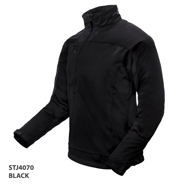 A black jacket with a zippered collar and a pocket, featuring a logo on the chest area.