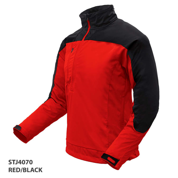 A red and black jacket with a zippered front and high collar. The jacket features a logo on the sleeve.