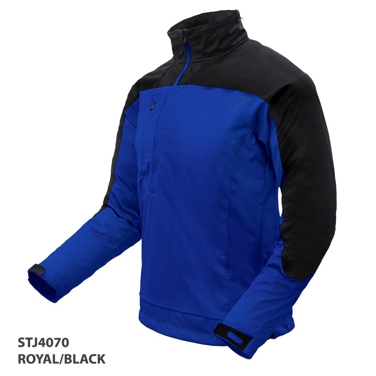 A blue and black jacket with a high collar and long sleeves, featuring a logo on the front.