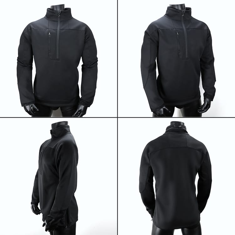 A black Cirrus Jacket displayed from multiple angles, featuring a half-zip front and a fitted design.