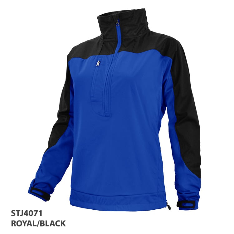 A jacket in royal blue and black with a zip collar and a branding logo.