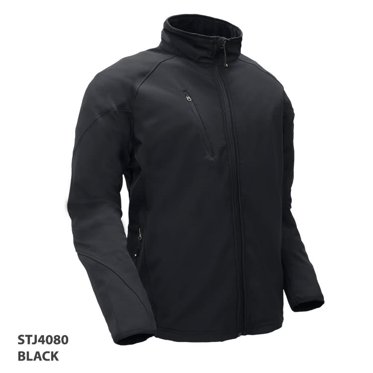 A black soft shell jacket with a zippered front, long sleeves, and a pocket on the chest. It features a logo.
