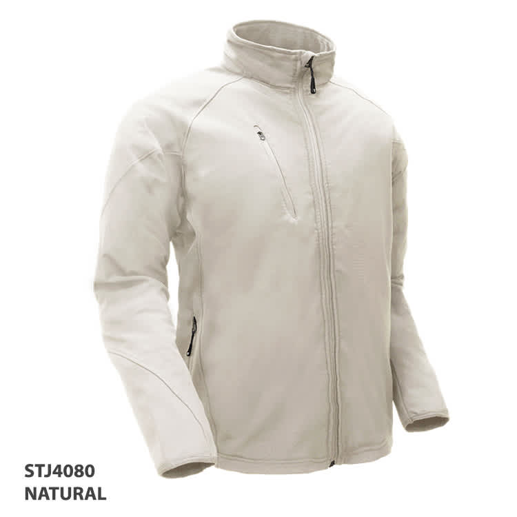 A soft shell jacket in a natural beige colour with a zippered front and side pockets. It features a logo.